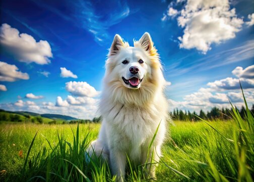 A majestic Wolf Spitz dog rests in a vibrant green meadow, basking under the bright blue sky on a beautiful sunny day, enjoying the tranquility.