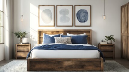 Cozy bedroom featuring a rustic wooden bed, blue pillows, bedside cabinets, and three abstract poster frames on a white wall