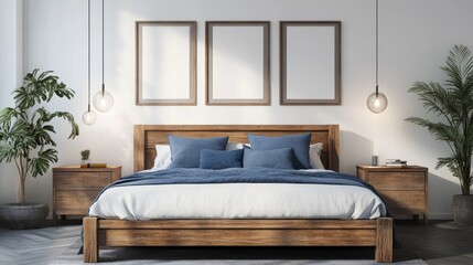 Cozy bedroom featuring a rustic wooden bed, blue pillows, bedside cabinets, and three abstract poster frames on a white wall