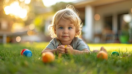 Blonde toddler playing in the grass with colorful balls