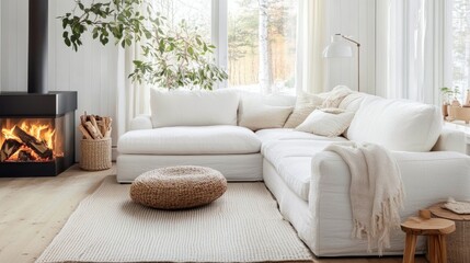 Fototapeta premium Cozy white corner sofa positioned near a fireplace in a Scandinavian-inspired living room with soft, neutral colors and natural materials
