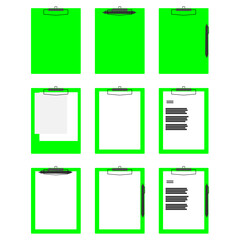 clipboard collection. notes. file. educational. stationery. school. illustration. flat style. vector. signs. symbols. cartoon style. office. report. tool. exam. equipment. paper. pen. green clipboard