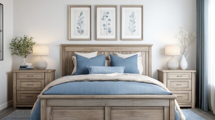 Farmhouse modern bedroom with a rustic bed, blue pillows, two cabinets, and three framed posters above the bed.