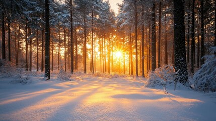   Sun shines through trees in snowy forest Snow on ground, trees in foreground