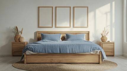 Farmhouse-style bedroom with a wooden bed, blue pillows, bedside cabinets, and three minimalist framed posters.