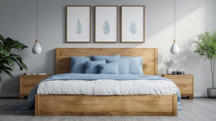 Farmhouse-style bedroom with a wooden bed, blue pillows, bedside cabinets, and three minimalist framed posters.