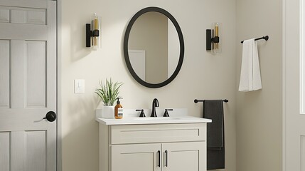 The bathroom showcases a stylish oval mirror in a black frame, complemented by wall sconces, a white vanity, and a satin-finish faucet against pale cream walls.