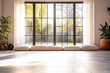 Obraz premium Cozy indoor seating area with cushions and plants, overlooking a sunlit garden through large windows in a modern home