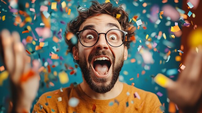 Startled Individual in a Confetti-Filled Room - Realistic Reaction to Unexpected Surprise