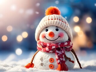 Winter holiday christmas background banner - Closeup of cute funny laughing snowman with wool hat and scarf, on snowy snow snowscape with bokeh lights, illuminated by the sun