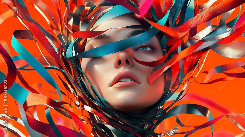 Poster Chaos Unraveled - 3D Render of Hapless Model Tangled in Colorful Ribbons, Dynamic Composition Creating a Vibrant Scene