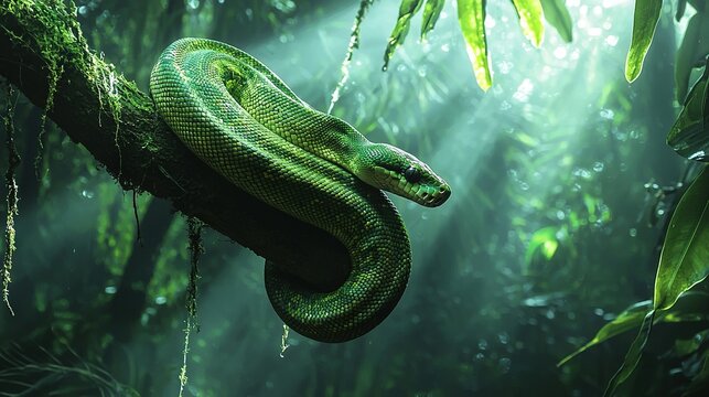   A green snake curls on a jungle tree branch with sunlight filtering through leaves