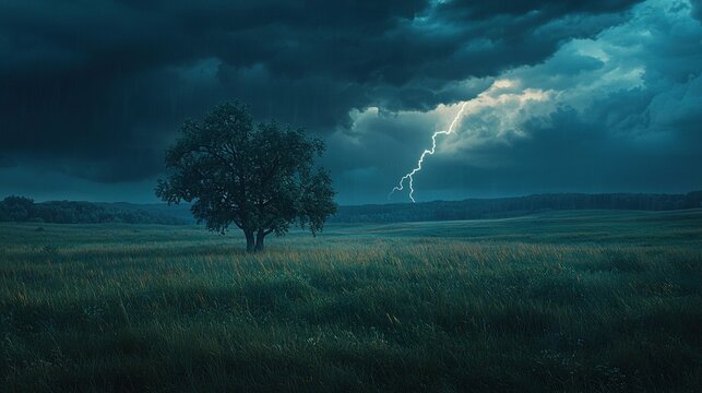   A lone tree in a green field beneath a cloudy sky with a lightning bolt piercing the heavens above