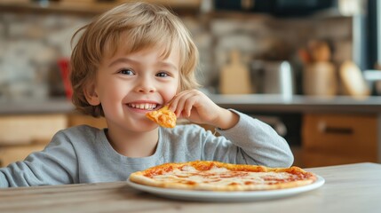  A joyful kid takes a big bite of pizza in a cozy kitchen