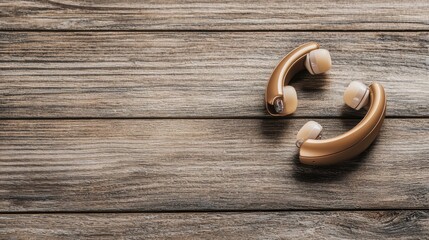 Hearing aids placed on a clean wood background, symbolizing the intersection of traditional and modern healthcare solutions, ideal for brochures or presentations