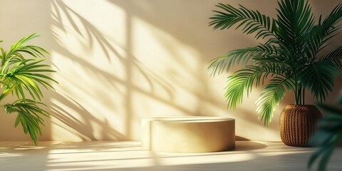 Fototapeta premium Modern Podium with Palm Leaves and Soft Shadows