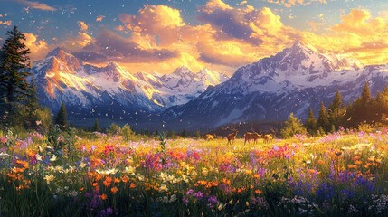   A majestic mountain landscape adorned with vibrant wildflowers in the foreground and a gallant horse grazing in the distance