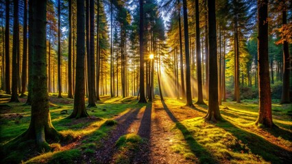 Fototapeta premium A shadowy forest looms, with thick trees intertwining, their dark silhouettes casting an enigmatic ambiance that envelops nature in a veil of mystery and intrigue.