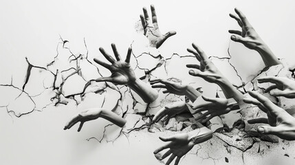 A set of scales breaking apart under the pressure of numerous hands pulling them in different directions. Each hand represents a different emotion or stereotype about weight and body image. 