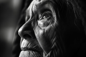 Fototapeta premium Ultra detailed close-up portrait of a sad elderly lady, black and white