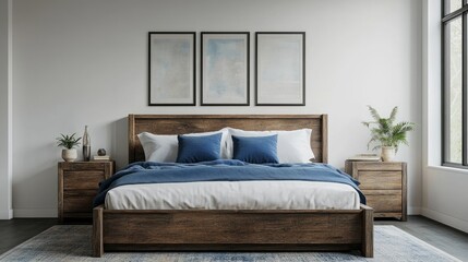 Modern farmhouse bedroom with rustic wooden bed, blue pillows, two bedside tables, and three minimalist poster frames.