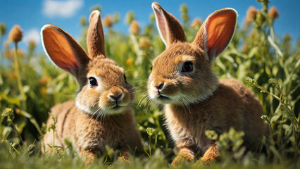 Fototapeta premium Baby rabbit chews on green grass, in a peaceful outdoor on a summer day.