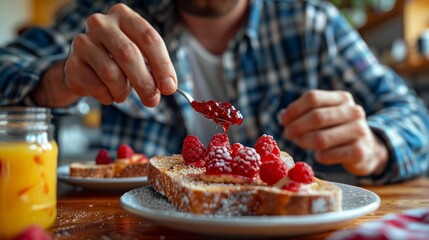 Man in apron preparing breakfast, spreading homemade strawberry jam on toast.