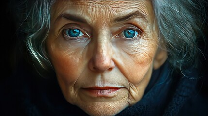  A woman with serious eyes gazes into the camera against a black background