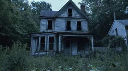 A creepy old house with a porch and a chimney