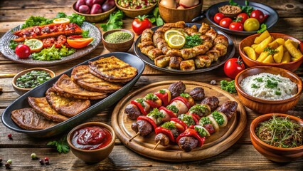 Fototapeta premium A sumptuous spread of traditional Macedonian delights, with grilled meats sizzling alongside vibrant salads and flaky pastries, all arranged on a charming rustic table.