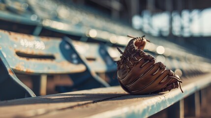 close-up of a baseball glove and ball resting on a bench, with a blurred view of the stadium seats in the background