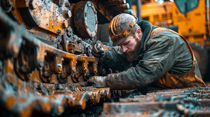 A Construction Worker Examining the Undercarriage of a Large Excavator