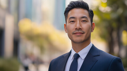 Fototapeta premium Portrait of an handsome Asian man in suit outdoors with a blurry business center in backdrop
