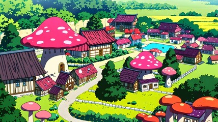 landscape with house, mushroom  and flowers