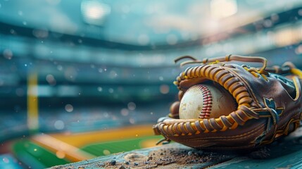 Obraz premium close-up of a baseball glove and ball resting on a bench, with a blurred view of the stadium seats in the background