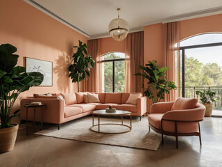 "Modern Living Room with Peach Tones and Minimalist Elegance"