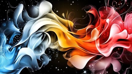 A vibrant abstract design featuring swirling colors and dynamic shapes against a dark background.