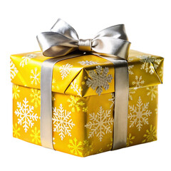 Christmas gift box with a snowflake pattern and a silver ribbon isolated on transparent background