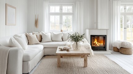 Stylish Scandinavian living room with a white corner sofa, fireplace, light wooden coffee table, and cozy woolen rug in a bright setting
