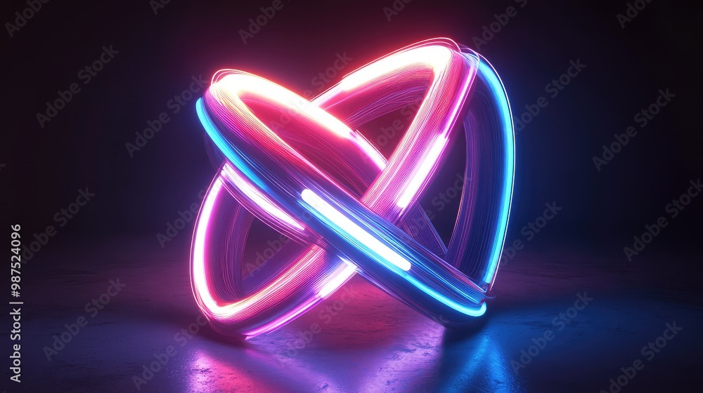 Poster a 3d abstract model of interlocking geometric shapes made of glowing neon lines, softly rotating in 