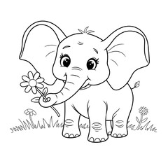 Obraz premium Cute elephant with flower in continuous line art drawing style. Minimalist black linear sketch isolated on white background for coloring book