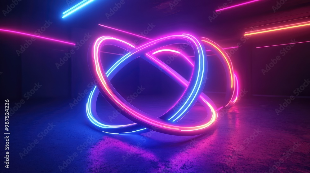 Poster a 3d abstract model of interlocking rings made of glowing neon lines, floating in a surreal, empty s