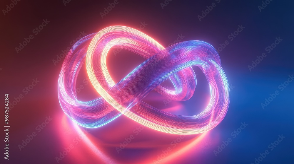 Poster a 3d abstract model of interlocking rings made of glowing neon lines, floating in a surreal, empty s