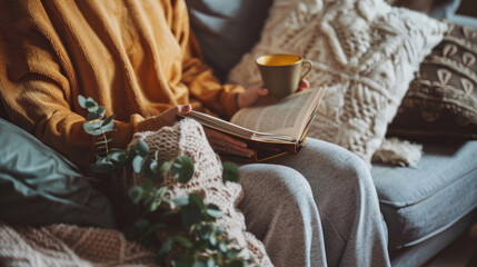 An adult lounging at home, wearing comfortable loungewear like sweatpants and a loose t-shirt, sitting on a couch with a book and a cup of tea