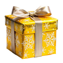 Christmas gift box with a snowflake pattern and a silver ribbon isolated on transparent background