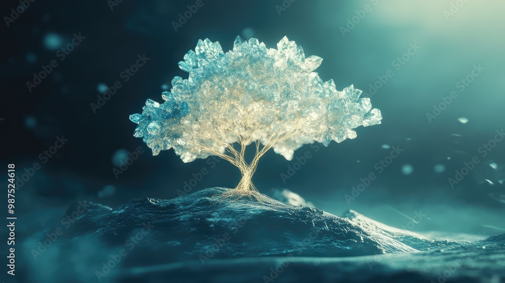 Aufkleber a 3d abstract object resembling a crystalline tree, softly glowing as it floats in a surreal, infini