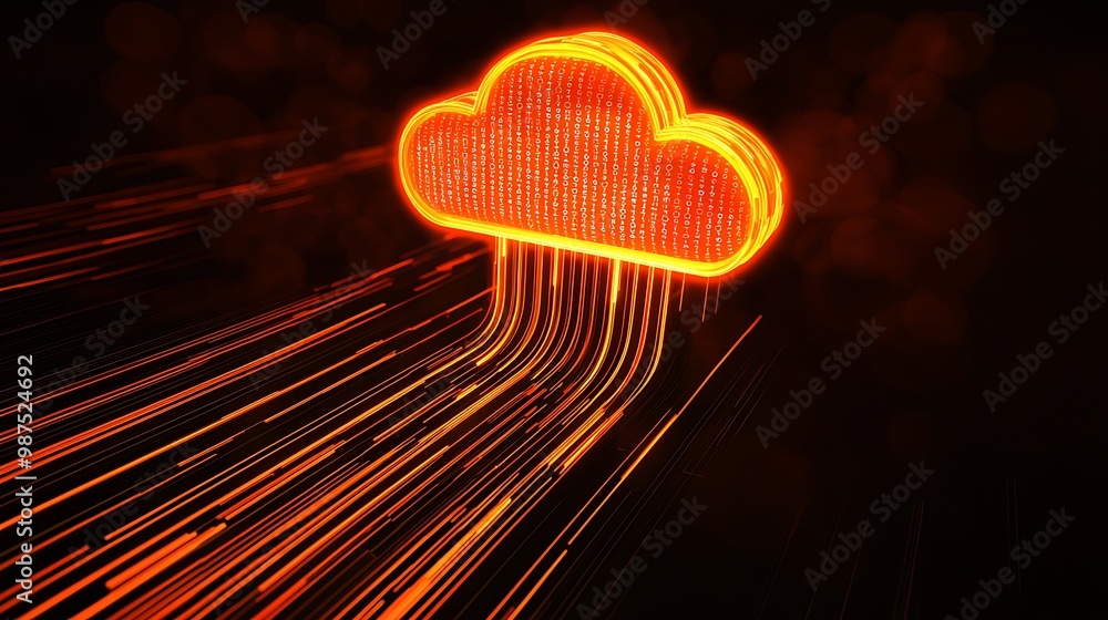 Poster digital cloud technology concept with data streams - illustration of cloud icon symbolizing download