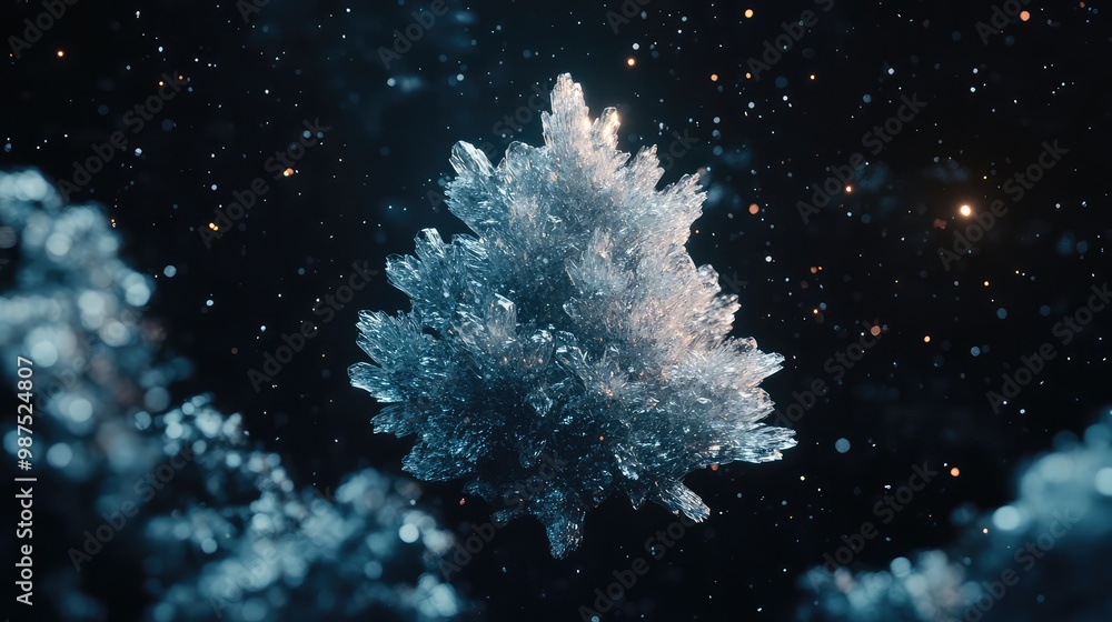 Aufkleber a 3d abstract object resembling a crystalline tree, softly glowing as it floats in a minimalist, dar