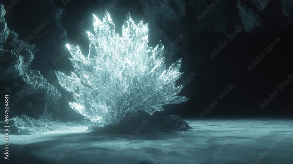 Aufkleber a 3d abstract object resembling a crystalline tree, softly glowing as it floats in a minimalist, dar