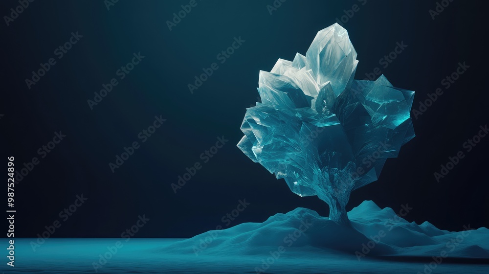 Aufkleber a 3d abstract object resembling a crystalline tree, softly glowing as it floats in a minimalist, dar